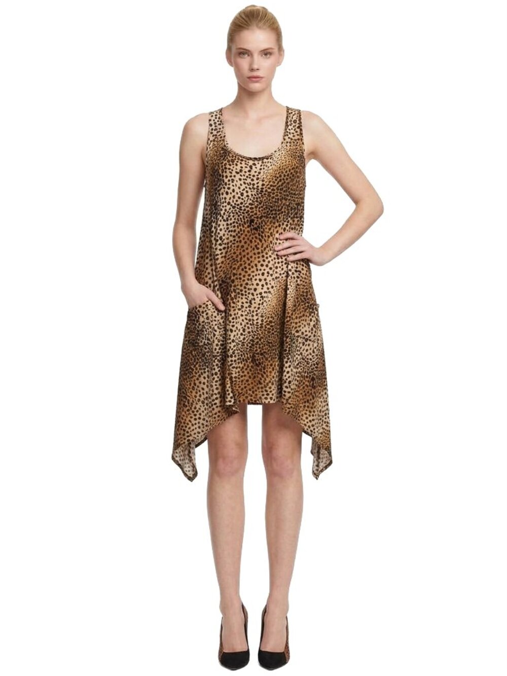 Joseph Ribkoff Dress Tunic Leopard Chettah Print Sleeveless Asymmetrical Pockets